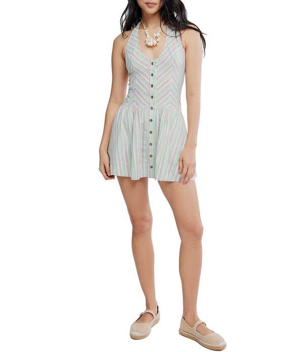 フリーピープル レディース トップス ワンピース プリント ミニ ノースリーブ ホルター Free People Clean Break Stripe Print Halter Neck Sleeveless Drop Waist Mini Dress Mul