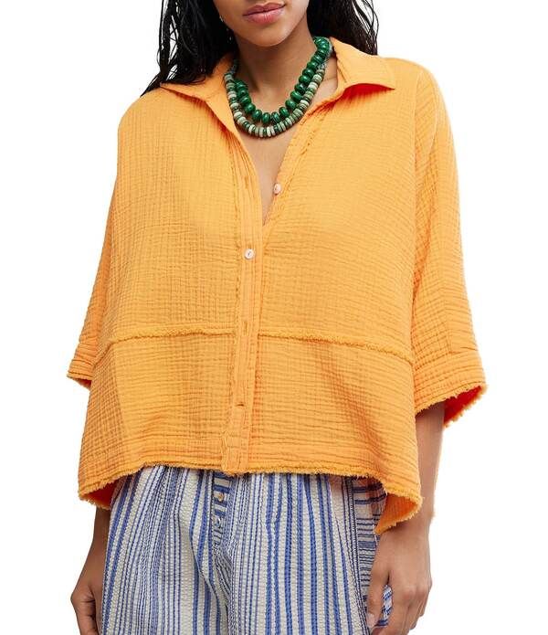 フリーピープル レディース トップス シャツ Free People We The Free Happy Days Collared Short Sleeve ButtonFront Gauze Top Iceland Poppy