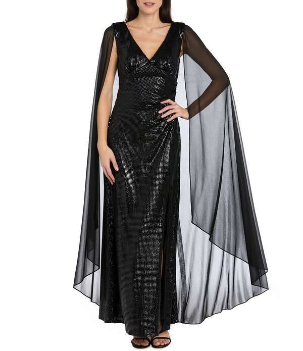 アールアンドエムリチャーズ レディース トップス ワンピース シフォン トール ニット R M Richards Metallic Knit Chiffon Wrap Dress Black ブラック