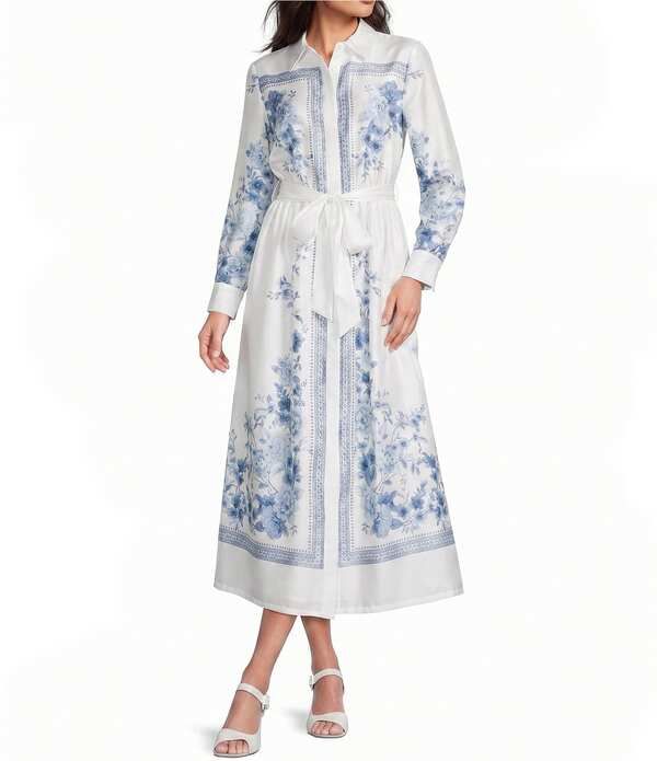 アンクライン レディース トップス ワンピース プリント シャツ Anne Klein Long Sleeve Printed Twillong Shirt Dress Crisp White Multi ホワイト