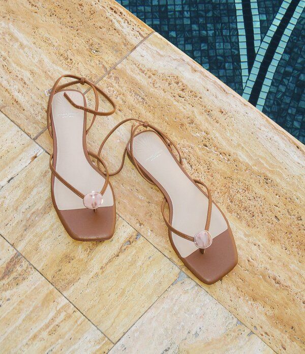 アントニオ メラーニ レディース シューズ サンダル アンクル レザー Antonio Melani x Stephanie Covington Erika Leather Ankle Strap Ornamented Thong Flat Sandals I