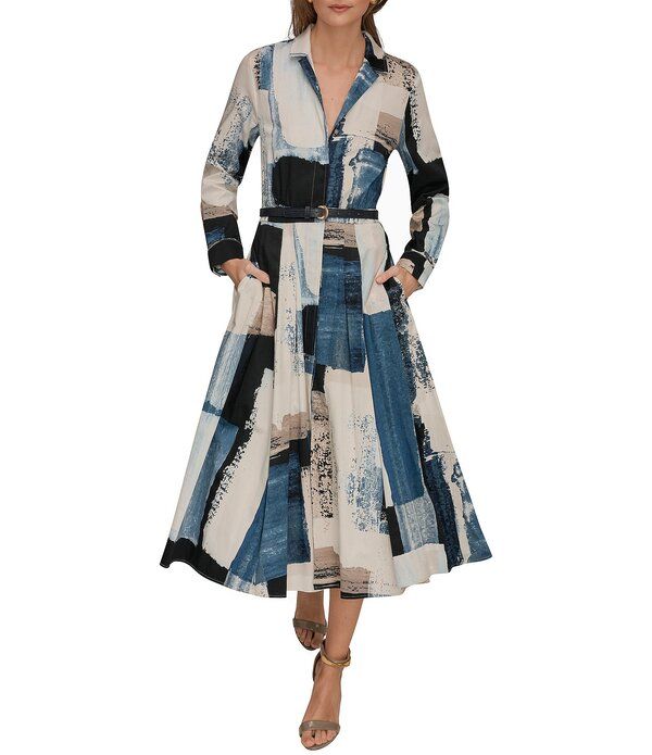ダナキャラン レディース トップス ワンピース プリント ミディ Tシャツ コットン Donna Karan Cotton Sateen Printed Point Collar Long Sleeve ButtonFront Midi Dress Washe