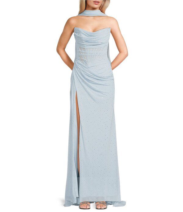 ジービー レディース トップス ワンピース メッシュ GB Mesh Embellished Cowl Neck Bodycon Long Dress Light Blue ブルー