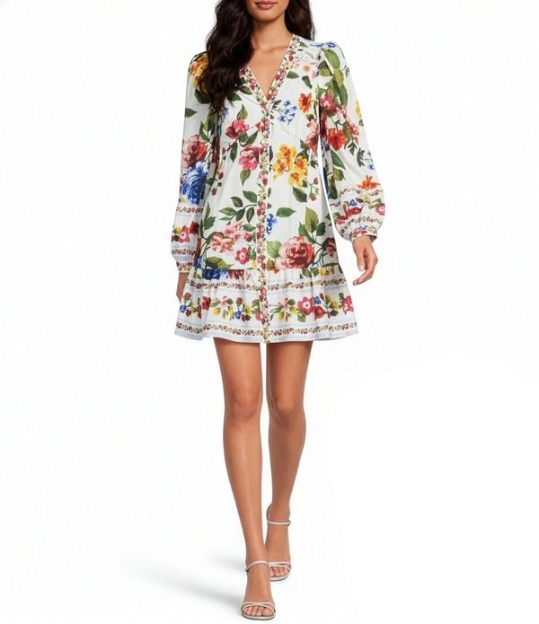 スカイズアブルー レディース トップス ワンピース Vネック A ライン フラワー柄 プチ プリント ミニ フラワー Skies Are Blue Petite Size Floral Border Printed VNeck Long Sleeve ALin