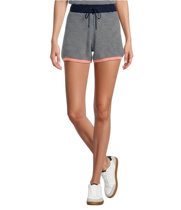 スカイズアブルー レディース ボトムス ハーフパンツ・ショーツ セーター ショートパンツ Skies Are Blue Striped High Rise Coordinating Sweater Shorts NavyPeach ネイビー