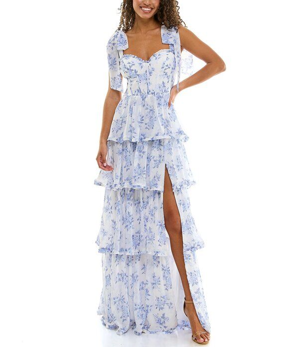 ビーダーリン レディース トップス ワンピース ティアード フラワー柄 プリント フリル フラワー B Darlin Floral Printed Tie Shoulder Sweetheart Neck Corseted Tiered Ruffle Long