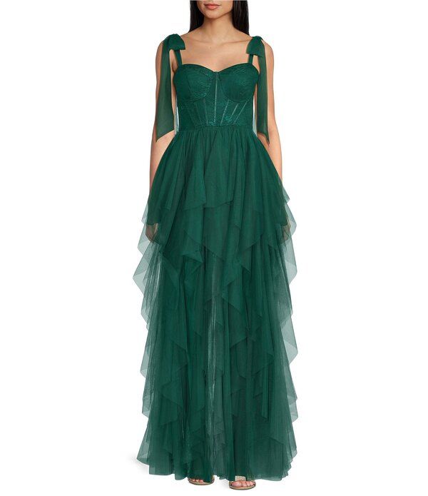 ビーダーリン レディース トップス ワンピース フリル メッシュ スパンコール B Darlin Mesh Sequin Sweetheart Neck Tie Shoulder Corseted Bustieruffled Long Dress Hunter