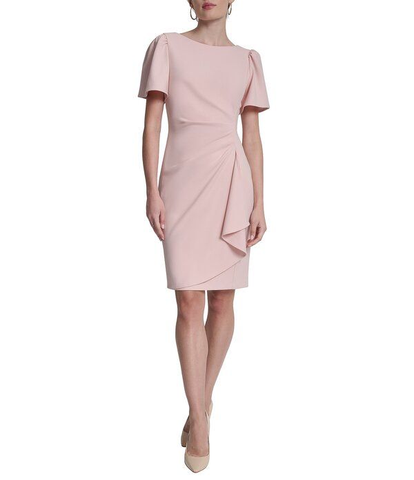 ダナキャラン レディース トップス ワンピース クルーネック プチ ギャザー ミニ DKNY by Donna Karan Petite Size Short Sleeve Crew Neck Ruched Mini Sheath Dress Pink Blu