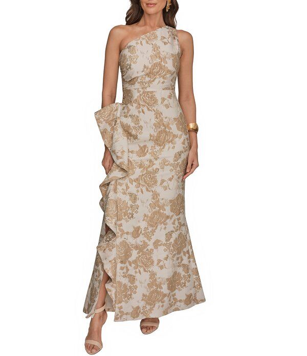 ダナキャラン レディース トップス ワンピース フラワー柄 プリント フリル ノースリーブ フラワー Donna Karan Floral Print Jacquard One Shoulder Sleeveless Cascade Ruffle Ball G
