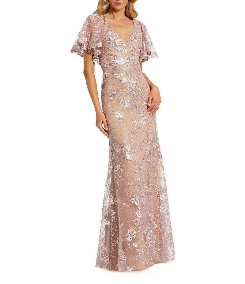 マックダガル レディース トップス ワンピース Vネック レース Mac Duggal Embellished Lace V Neck Flutter Sleeve Gown Rose Pink ピンク