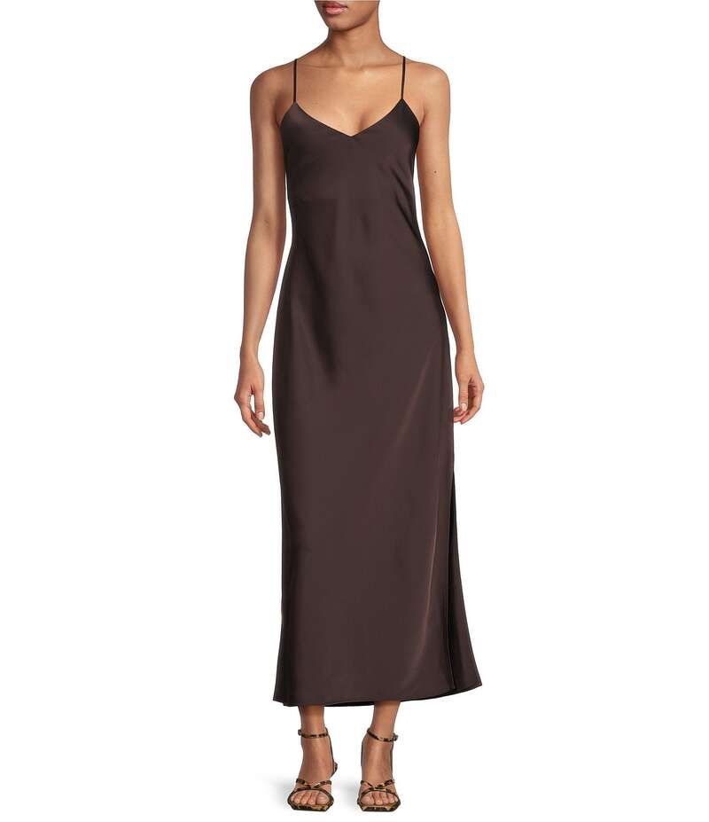 ジャンビニ レディース トップス ワンピース Vネック サテン ノースリーブ マキシ Gianni Bini Haven Satin VNeck Sleeveless Maxi Slip Dress Chocolate チョコレート