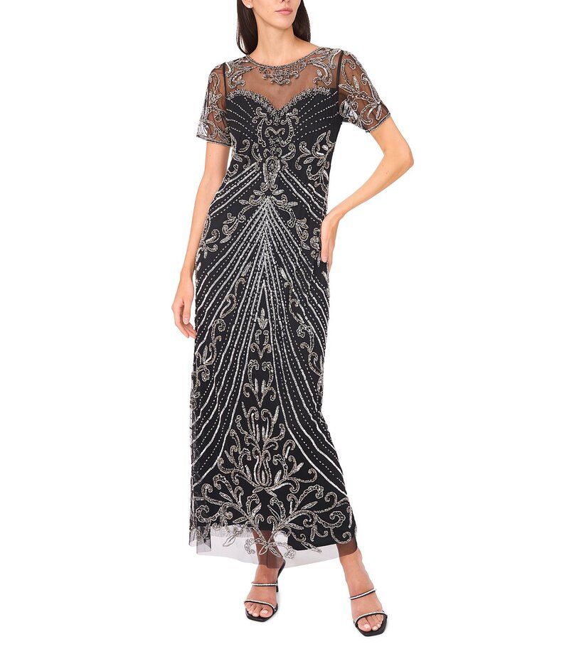 ピサッロナイツ レディース トップス ワンピース メッシュ Pisarro Nights Mesh Short Sleeve Beaded Sheath Gown Black ブラック