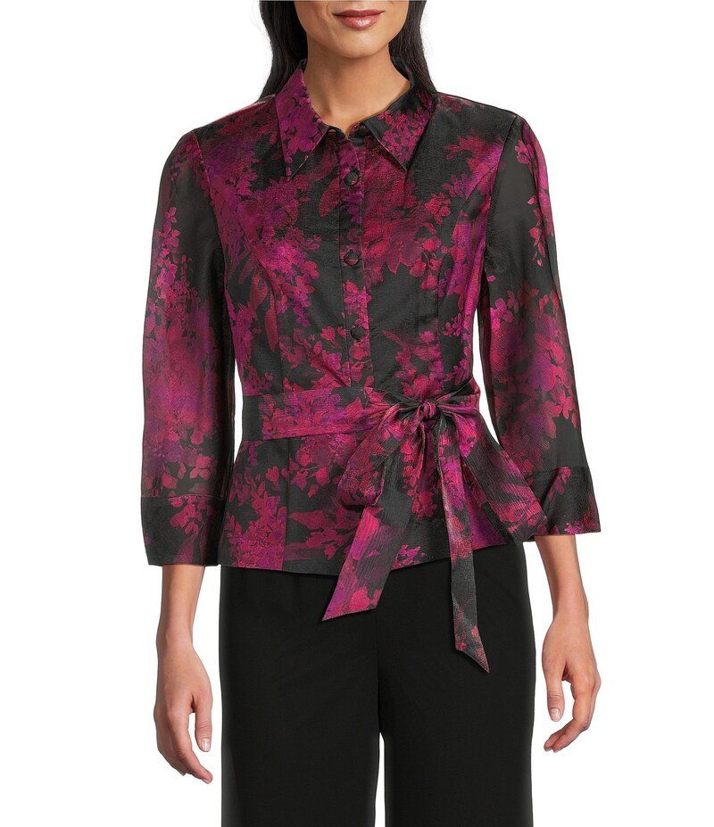 アレックスイブニングス レディース トップス シャツ フラワー柄 プリント ブラウス フラワー Alex Evenings Floral Print Organza Button Front Tie Waist 34 Sleeve Blouse Berry M