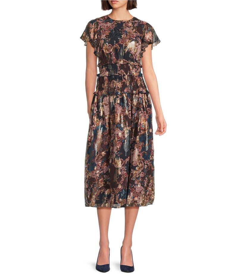 エリザジェイ レディース トップス ワンピース シフォン ミディワンピース プリント ミディ トール シャーリング Eliza J Metallic Chiffon Flutter Sleeve Smocked Fit and Flare Printed Mi
