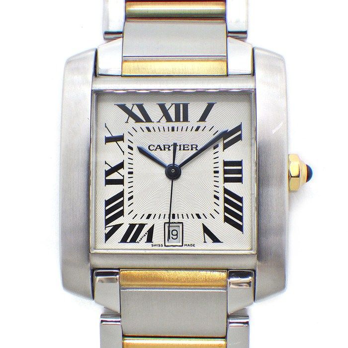 カルティエ Cartier 腕時計 タンク フランセーズ LM W51005Q4 デイト スクエア シルバー ギョーシェ文字盤 K18YG SS 自動巻き 【中古】