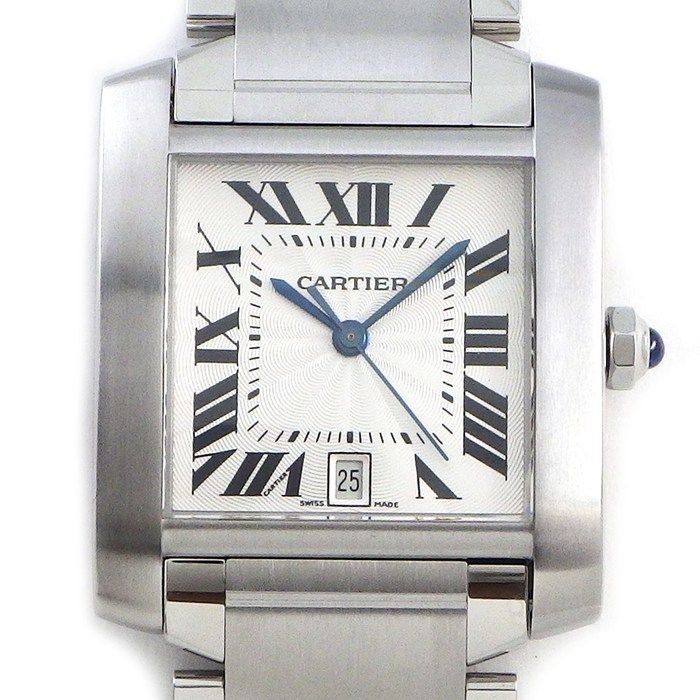 カルティエ Cartier 腕時計 タンク フランセーズ LM W51002Q3 スクエア ギョーシェ シルバー文字盤 ローマンインデックス デイト SS 自動巻き 【中古】