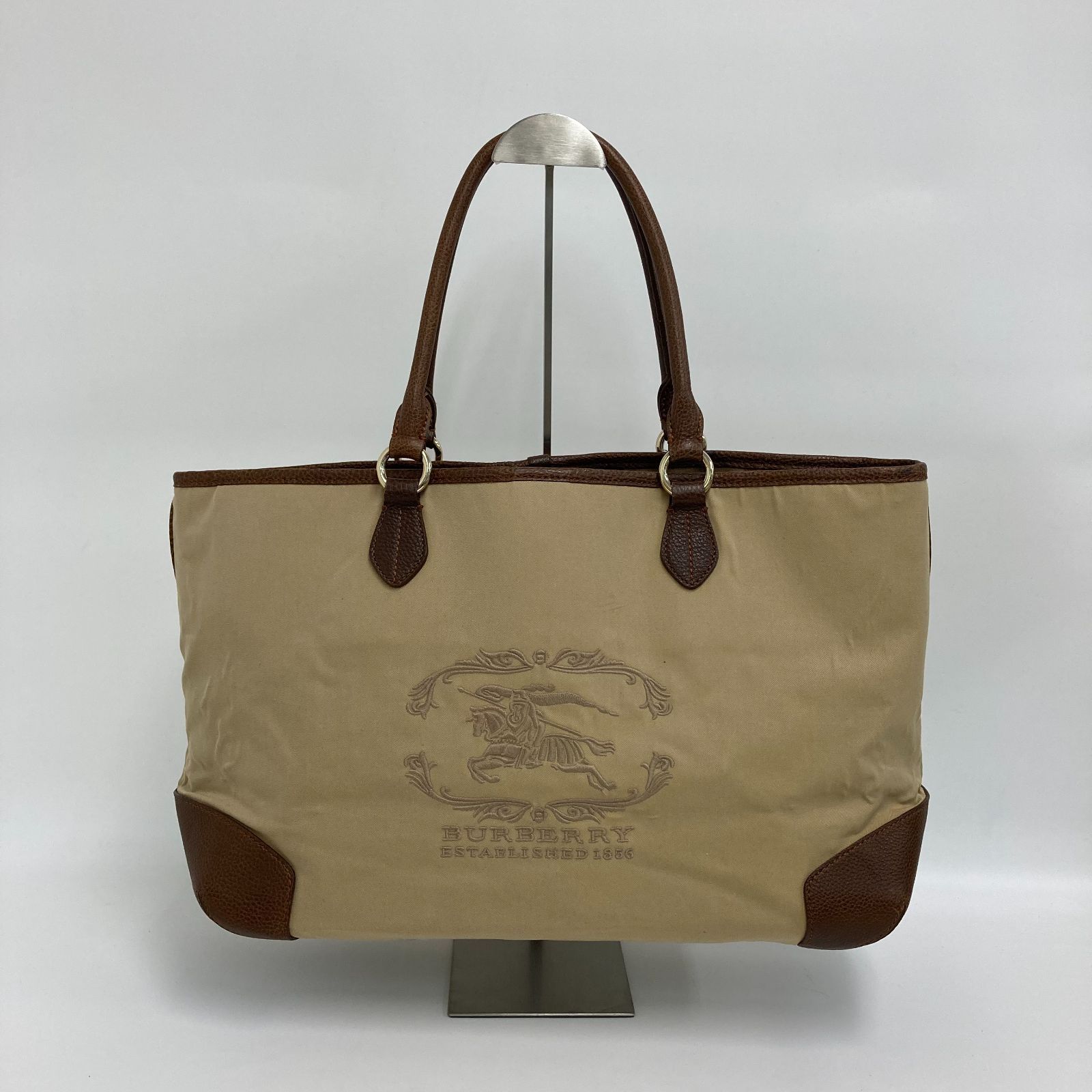 【大容量】Burberry バーバリー トートバッグ ハンドバッグ ホースロゴ デカロゴ 刺繍 キャンバス レザー カーキ ブラウン（0122）