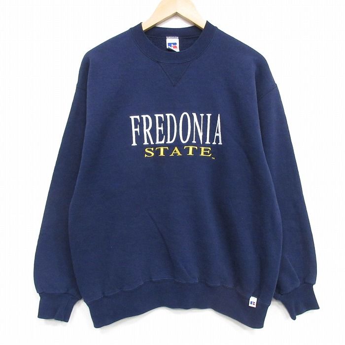 L/古着 ラッセル 長袖 スウェット メンズ 90年代 90s FREDONIA クルーネック USA製 紺 26may01