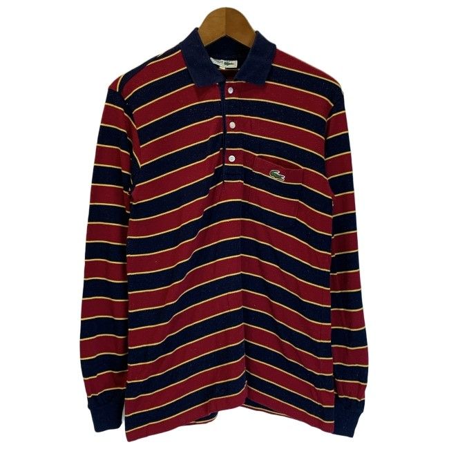 【中古】　LACOSTE　ポロシャツ　長袖　シャツ　トップス　ハーフボタン　ボーダー　胸ポケット　ワンポイント　ブランドロゴ　クロコダイル　刺しゅう　古着　/1952
