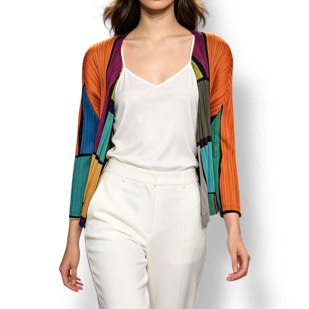 極美品 ISSEY MIYAKE イッセイミヤケ PLEATS PLEASE プリーツプリーズ カーディガン グラフィックプリント マルチカラー サイズ3