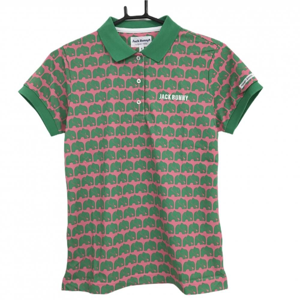 【新品】ジャックバニー 半袖ポロシャツ グリーン×ピンク 象柄 総柄 レディース 1(M) ゴルフウェア Jack Bunny