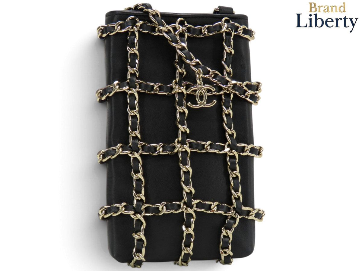 【新品同様】シャネル CHANEL ココマーク チェーンショルダーポーチ フォンケース フォンポーチ ポシェット 小物入れ iPhoneケース スマートフォンケース ブラック ゴールド金具 レザー AP1161