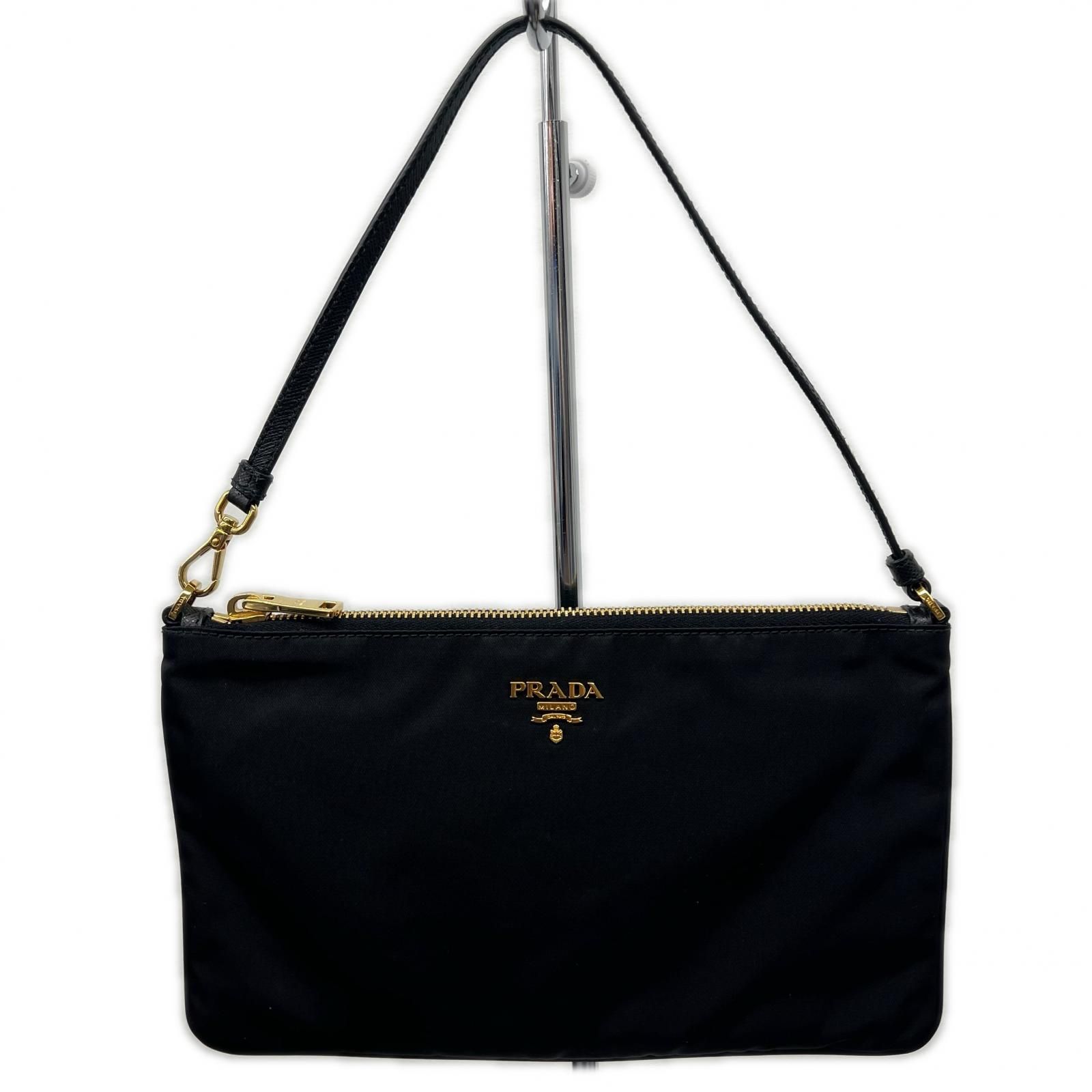 PRADA 極美品 プラダ テスートナイロン サフィアーノレザー アクセサリーポーチ ハンドバッグ ショルダーバッグ 1NH545 ナイロン レザー ブラック トライアングルロゴ ポシェット ミニ Aランク 鑑定済 中古