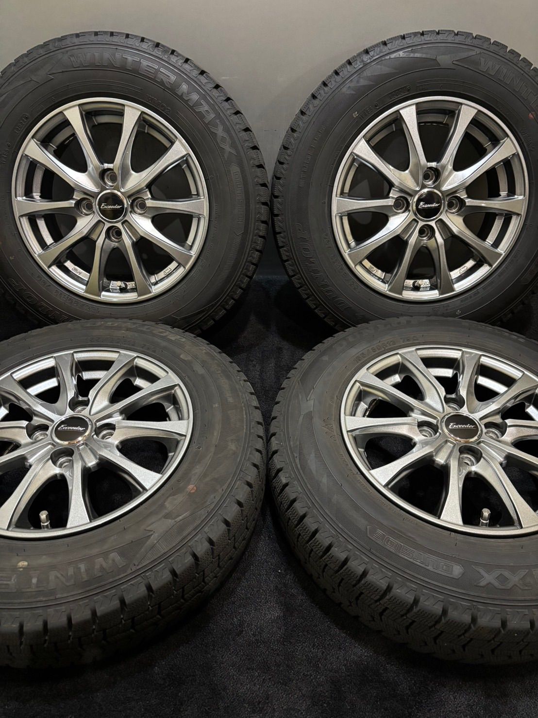 ★155/80R13 DUNLOP/WINTER MAXX WM02 24年製 Exceeder 13インチ 5J +35 100 4H スタッドレス 4本 パッソ (南1-M346)