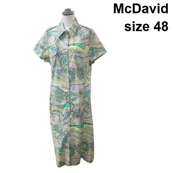 □ マックデイビッド McDavid シャツワンピース 半袖 ロング丈 プリント 総柄 共布ベルト付き 緑 青 綿混 48 3L 15号 レディース Z6C190