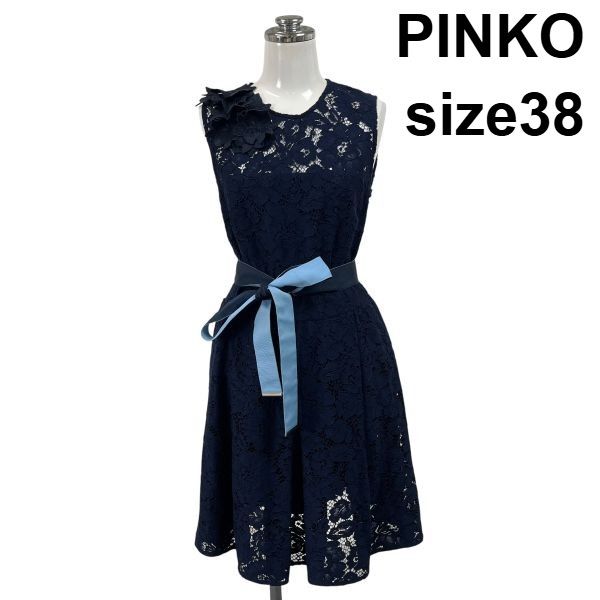 ◇ ピンコ PINKO カクテルドレス ワンピース ひざ丈 クルーネック ノースリーブ Aライン 総レース 紺 コットン 38 S 7号 レディース S6E500