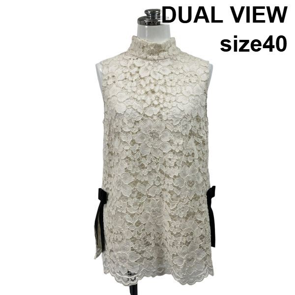 ◇ デュアルビュー DUAL VIEW ノースリーブブラウス 半袖 スタンドカラー 総レース 花柄 シアー アイボリー 綿 40 S 7号 レディース S6E483