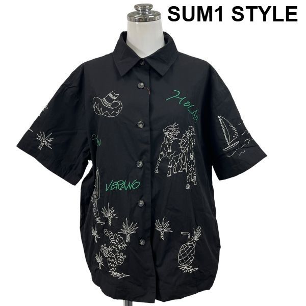 □ スミスタイル SUM1 STYLE シャツ ブラウス 半袖 メキシカン風刺繍 黒ブラック 綿 コットン 裏地あり L 11号 レディース S6E469