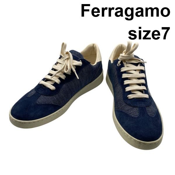 ● フェラガモ Ferragamo ローカットスニーカー レースアップ ブランドロゴ ブルー デニム スエード 7 M 約24.5cm レディース 6D265