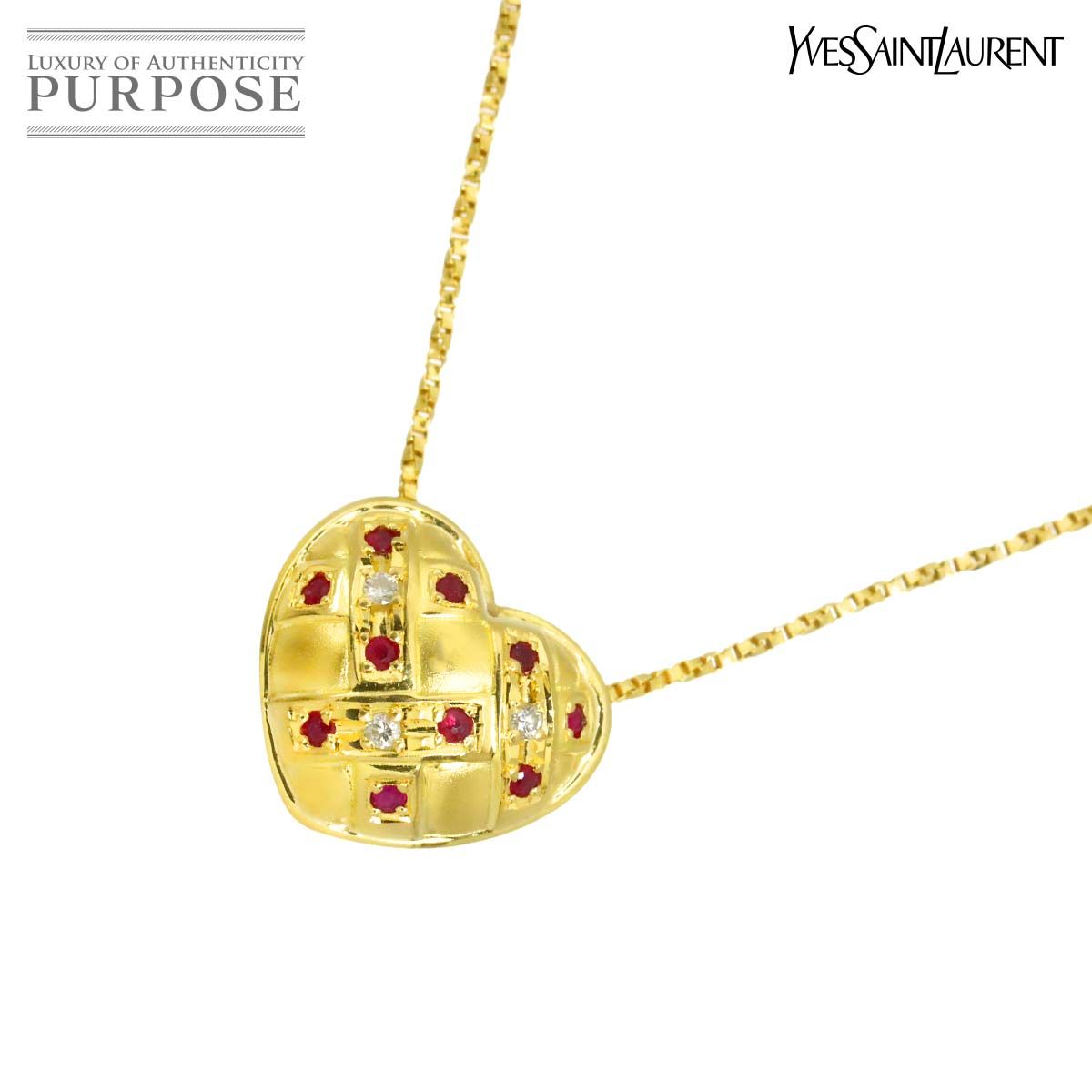 イヴ サンローラン Yves Saint Laurent ルビー 0.16ct ダイヤ 0.03ct ハート ネックレス 41cm K18 YG 750 Ruby Necklace 90320923