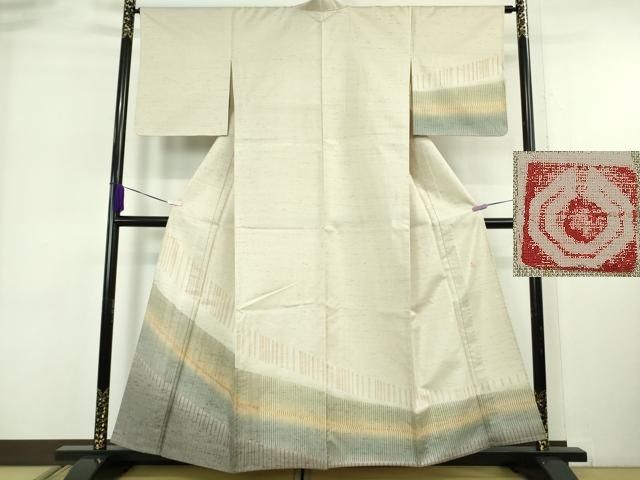 平和屋着物▽極上　石川県指定無形文化財　牛首紬　白山工房　手織り　単衣　練色地　逸品　未使用　DZAB6505kh6
