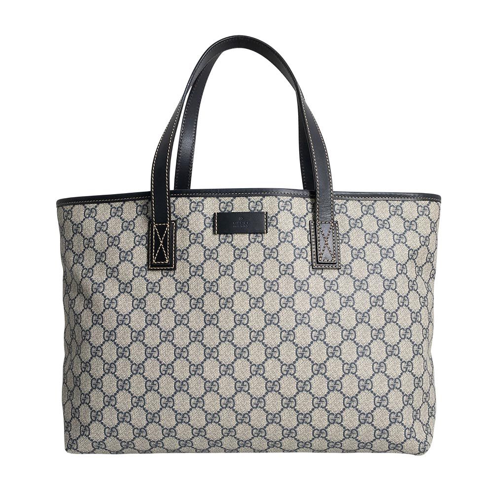 グッチ 211137 GGスプリームキャンバス レザー ネイビー ベージュ トートバッグ シルバー金具 GUCCI（美品）