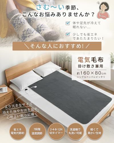 電気毛布 掛け敷き兼用 洗える【160x80cm 7段階温度調節 2-4-8-12H切タイマー】AI過熱保護 80W 節電 ダニ退治 電気ブランケット 速暖 省エネ 軽くて柔かい生地 肩掛け 膝掛け シングル 防寒対策 暖房器具 キャンプ オ 716ecd7b