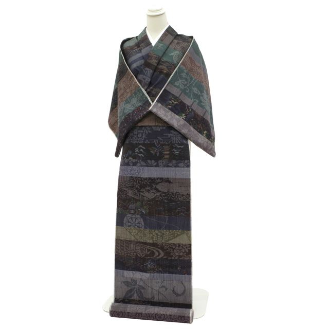 新古品】 紬 着物 着尺 反物 正絹 未使用 小千谷紬 手織り 段柄 つなぎ