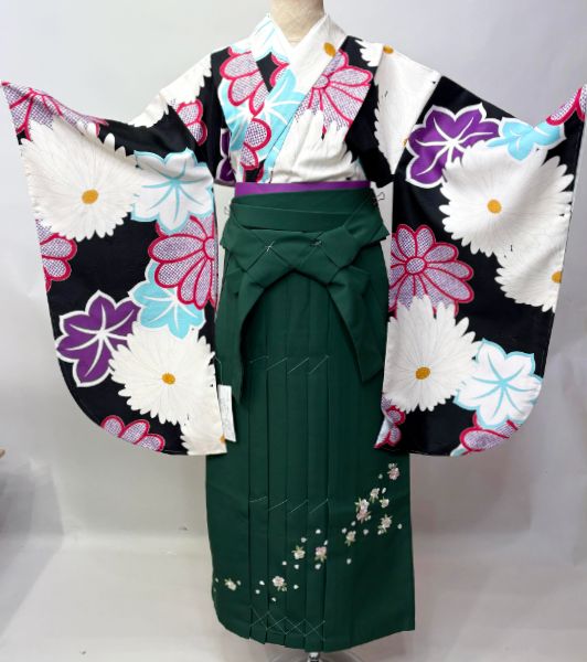 二尺袖 着物 袴フルセット ジュニア用へ直し 135～150cm ボヌールセゾン 黒地 袴変更可能 NO43423-02