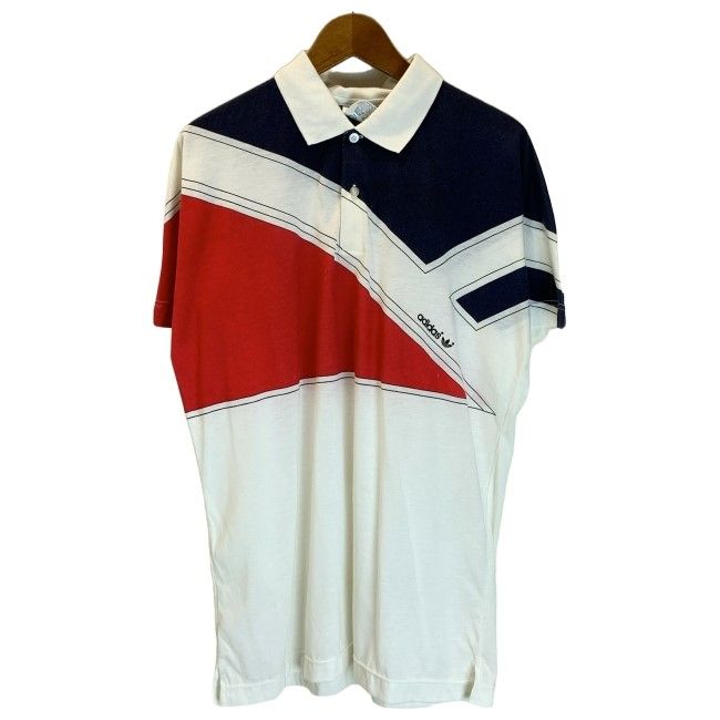 【中古】　adidas　ポロシャツ　半袖　シャツ　トップス　ハーフボタン　ワンポイント　ブランドロゴ　トレフォイル　プリント　スポーツ　古着　/1953