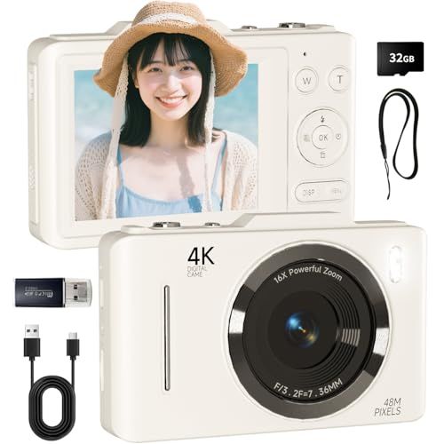 SRVR デジタルカメラ 4K 4800万画素 ビデオカメラ メモリーカード付属（32GB Micro SDカード＆ストラップ）プロ仕様の4K動画と48MP高精細写真を撮影可能｜OTG対応でスマホへの直接転送が瞬時｜初心者向け安心のオートモー a502209a