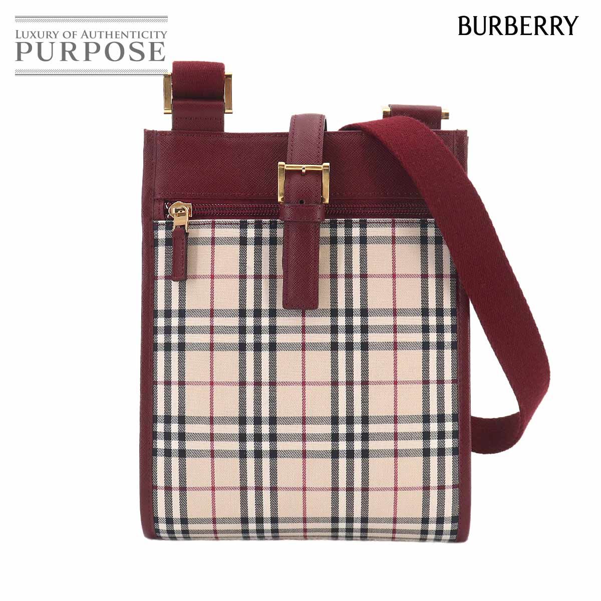 新品同様 バーバリー BURBERRY ノバチェック ショルダー バッグ キャンバス レザー ベージュ ボルドー ゴールド 金具 90324245