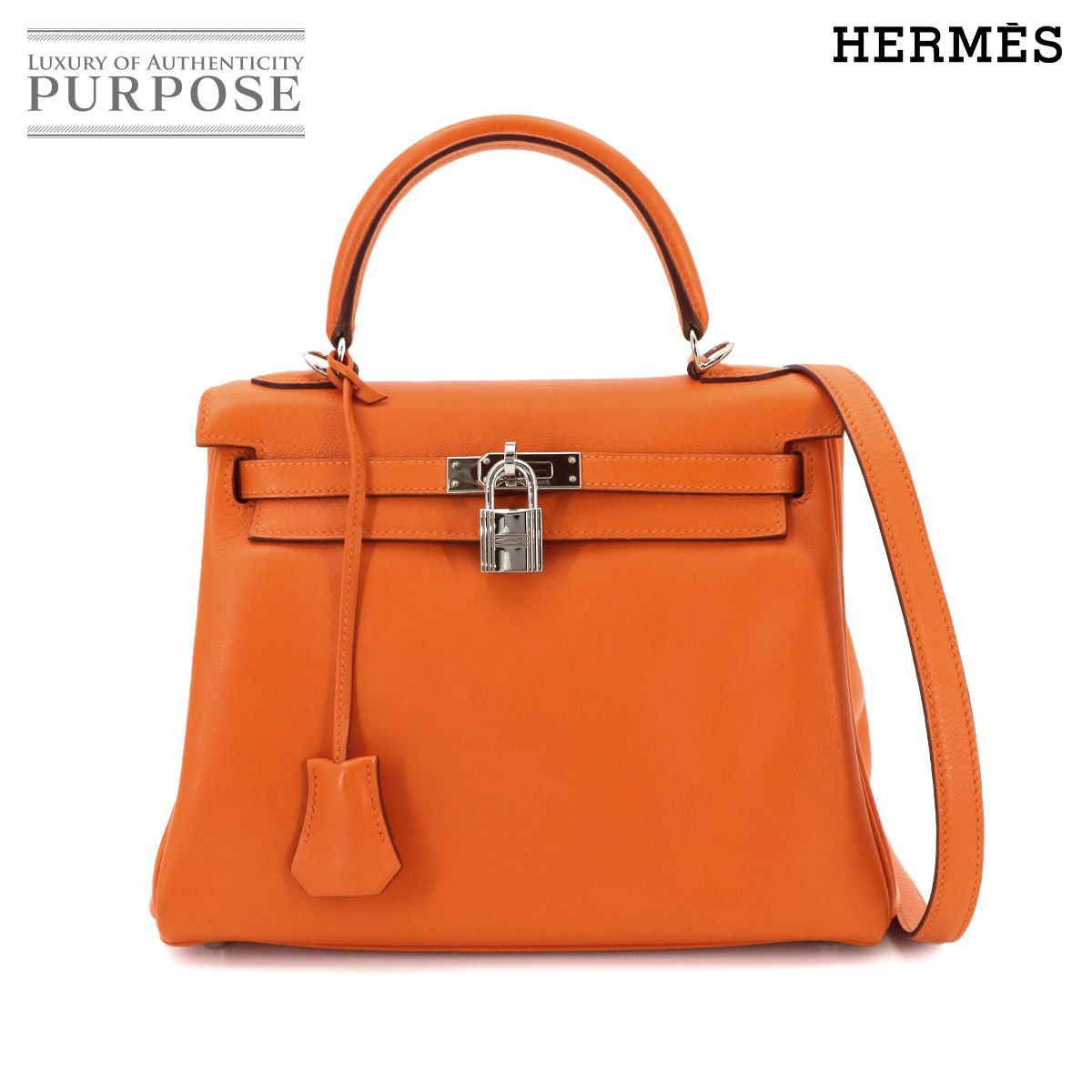 美品 エルメス HERMES ケリー 25 スイフト オレンジ 2way ハンド ショルダー バッグ 内縫い □K刻印 シルバー 金具 90326064