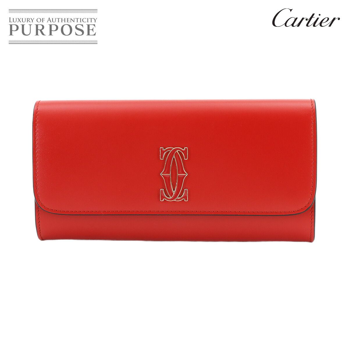 未使用 展示品 カルティエ Cartier C ドゥ カルティエ 二つ折り 長財布 レザー レッド CRL3001998 ゴールド 金具 90326302