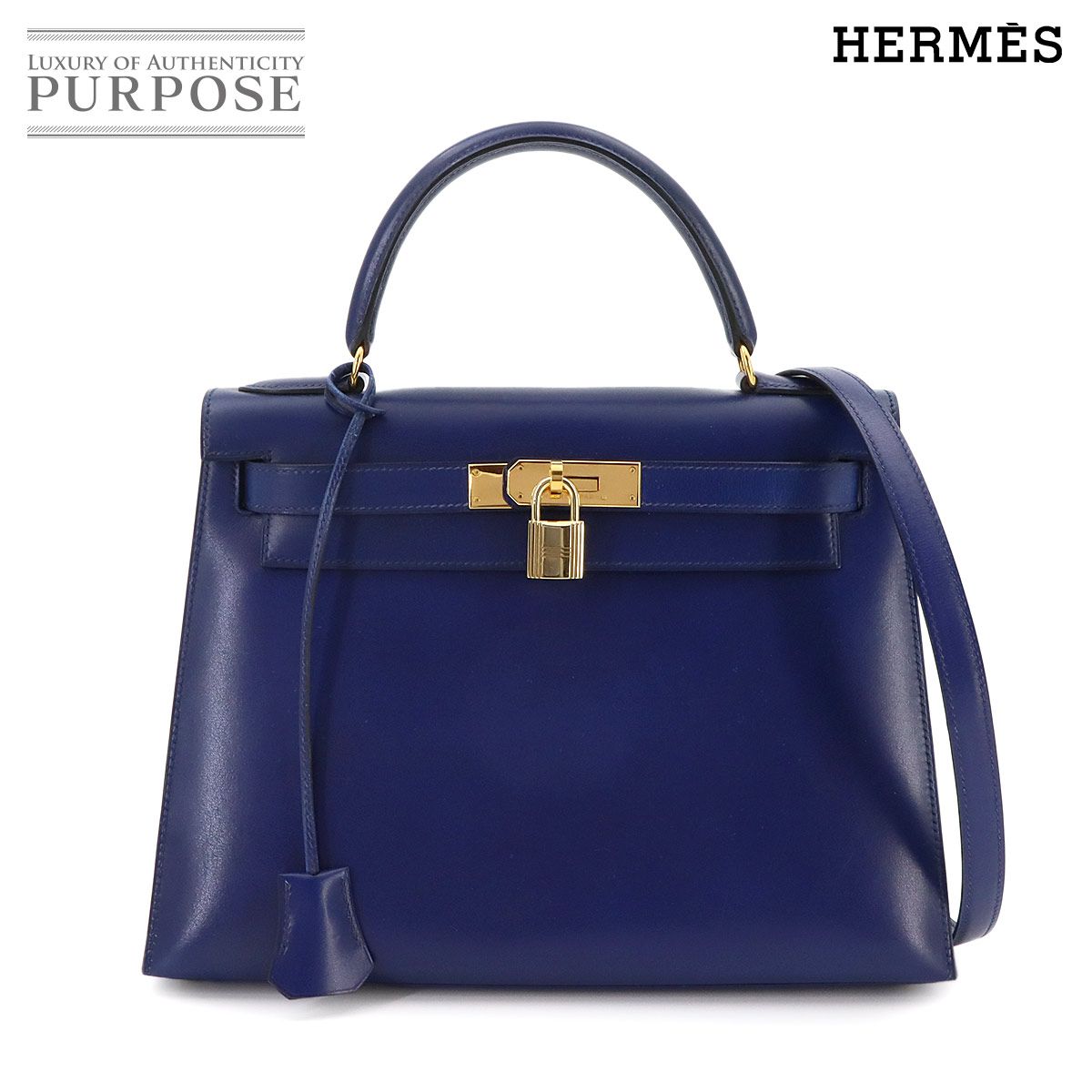 新品同様 エルメス HERMES ケリー 28 ボックスカーフ ブルー 2way ハンド ショルダー バッグ 外縫い 〇V刻印 1992年製 90327382