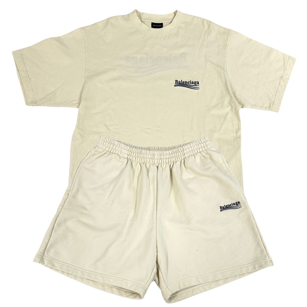 バレンシアガ BALENCIAGA セット メンズ ブランド コットン 半袖Tシャツ ショートパンツ オフホワイト XS S オーバーサイズ 【中古】