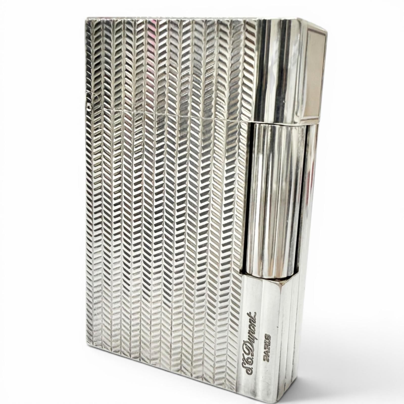美品□Dupont デュポン ギャッツビー ダイヤモンドヘッド ボーダー柄 スクエア型 ガスライター シルバー フランス製 メンズ 着火確認済み