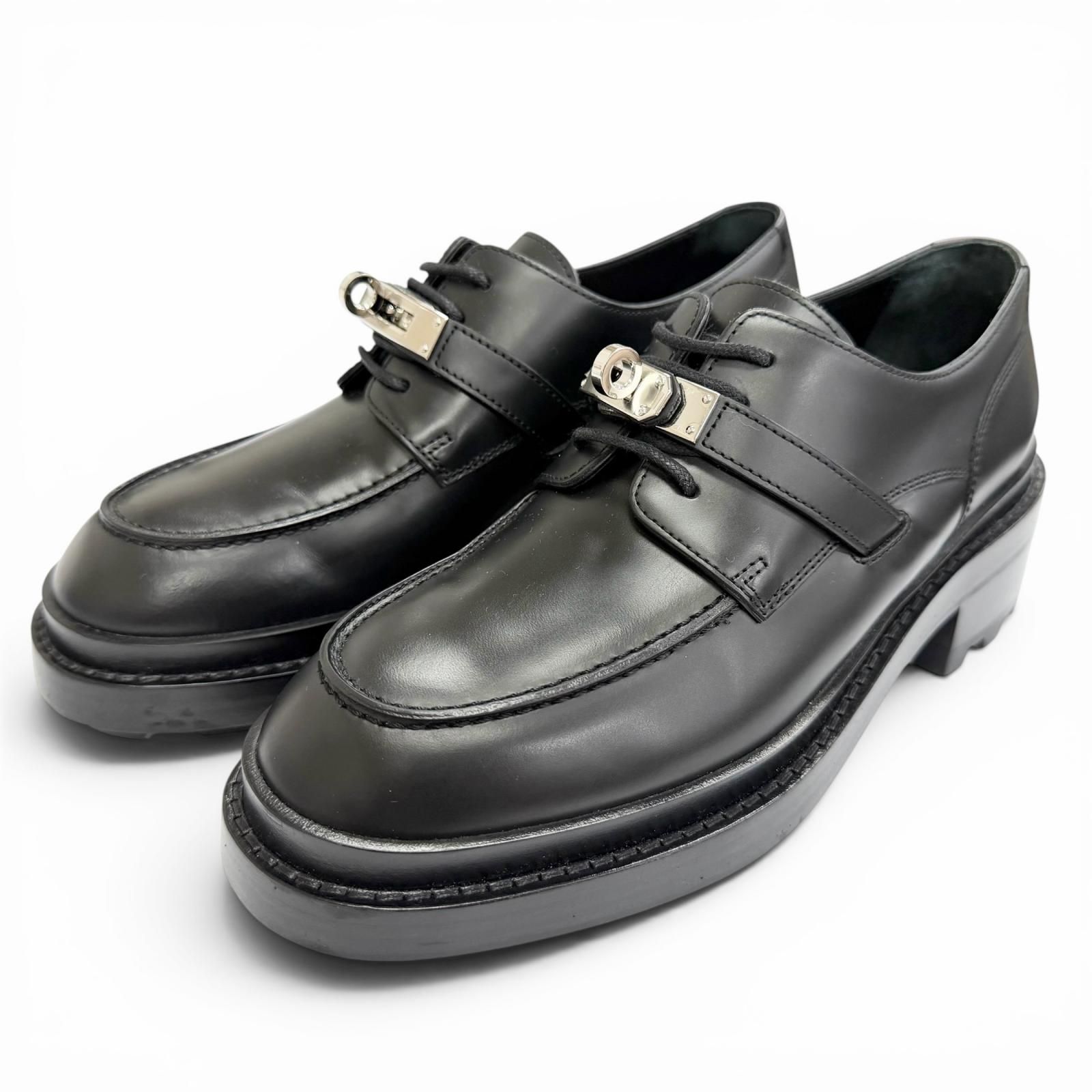 美品△HERMES エルメス 222072Z FIRST ファースト シルバー金具 ケリーバックル ダービーシューズ レザー ローファー ブラック 37 イタリア製 レディース 箱・保存袋付き