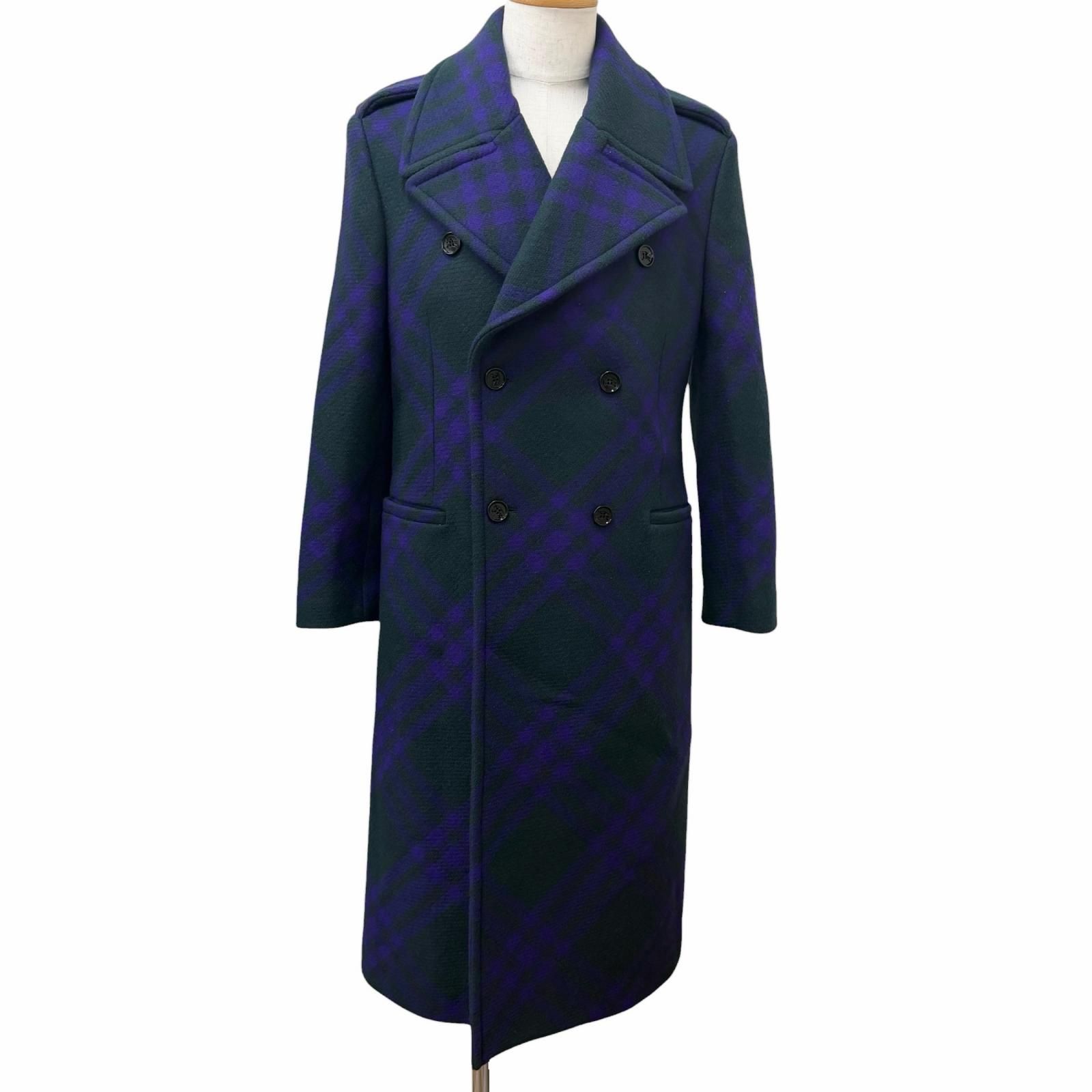 極美品□BURBERRY バーバリー 8076669 チェック柄 ダブルブレスト チェスターコート グリーン パープル 46 イタリア製 正規品 メンズ 50,400円