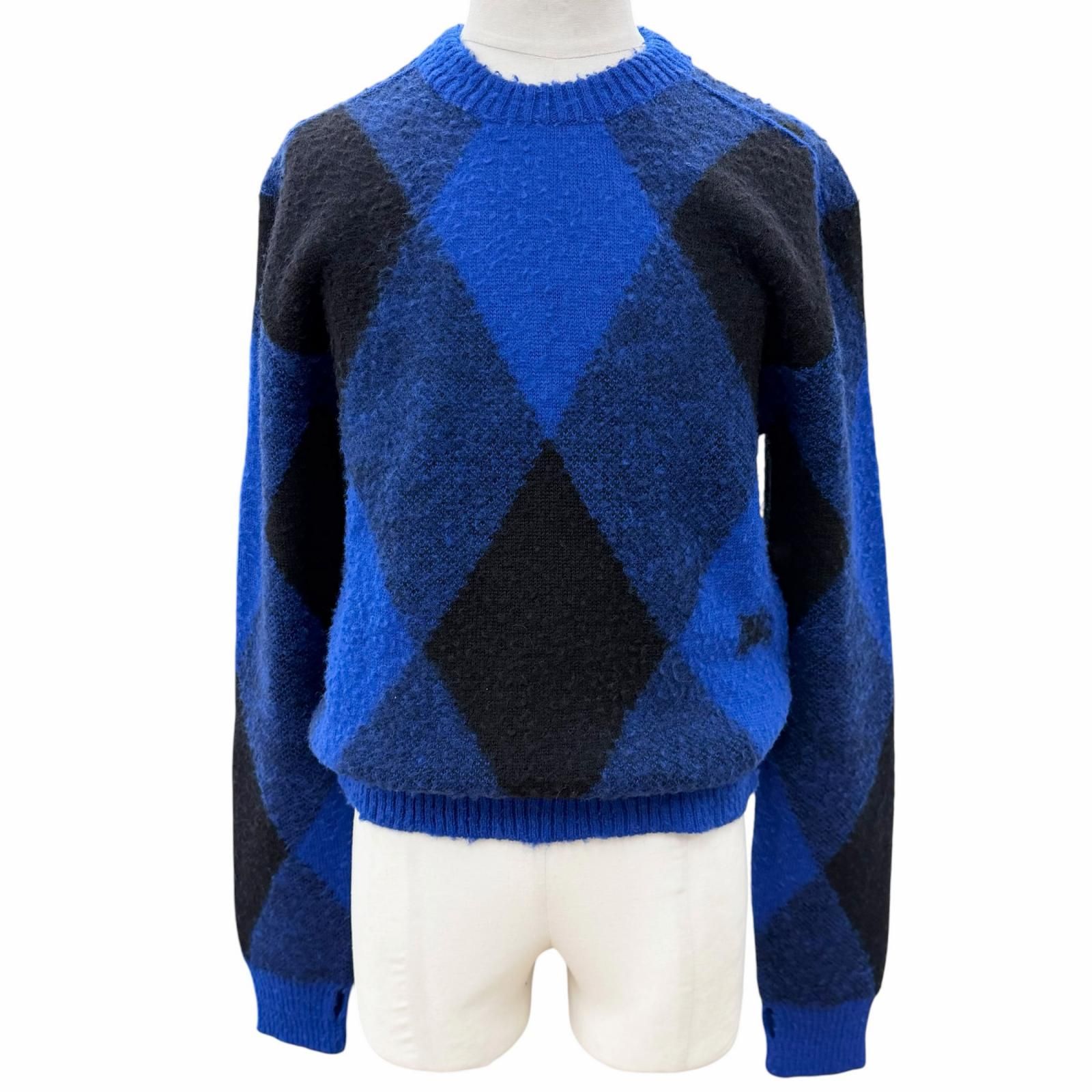 未使用品▼BURBERRY バーバリー 8078750 Argyle Check EKD ウール100% クルーネック プルオーバー ニットセーター ブルー ブラック S イタリア製 正規品 メンズ